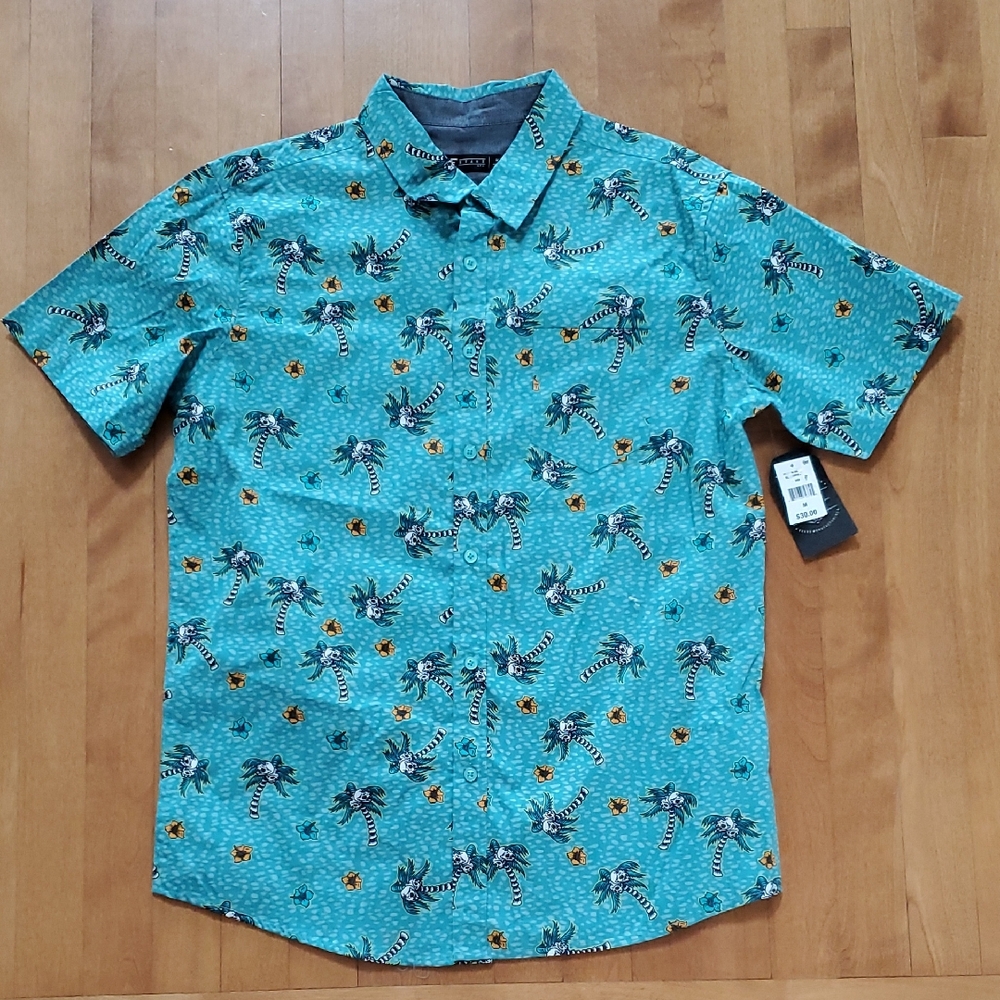 Mens RF Brand Rest in Paradise PALM TREES SKULLS 100% Cotton Shirt Size Med NWT